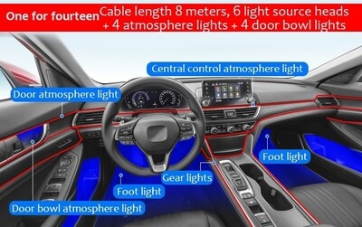 14 in 1 RGB Ambient interior LED strips phone app controlled bluetooth dash doors footwell door bowl