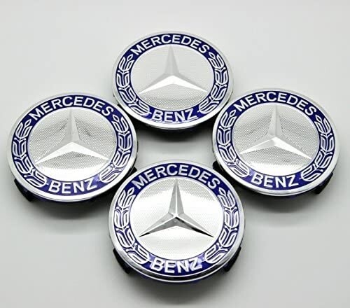 Mercedes Benz 75mm silver chrome dark blue alloy wheel center hub caps
