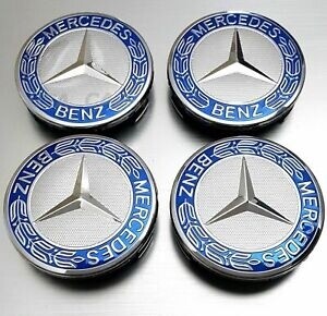 Mercedes Benz 75mm silver chrome light blue alloy wheel center hub caps