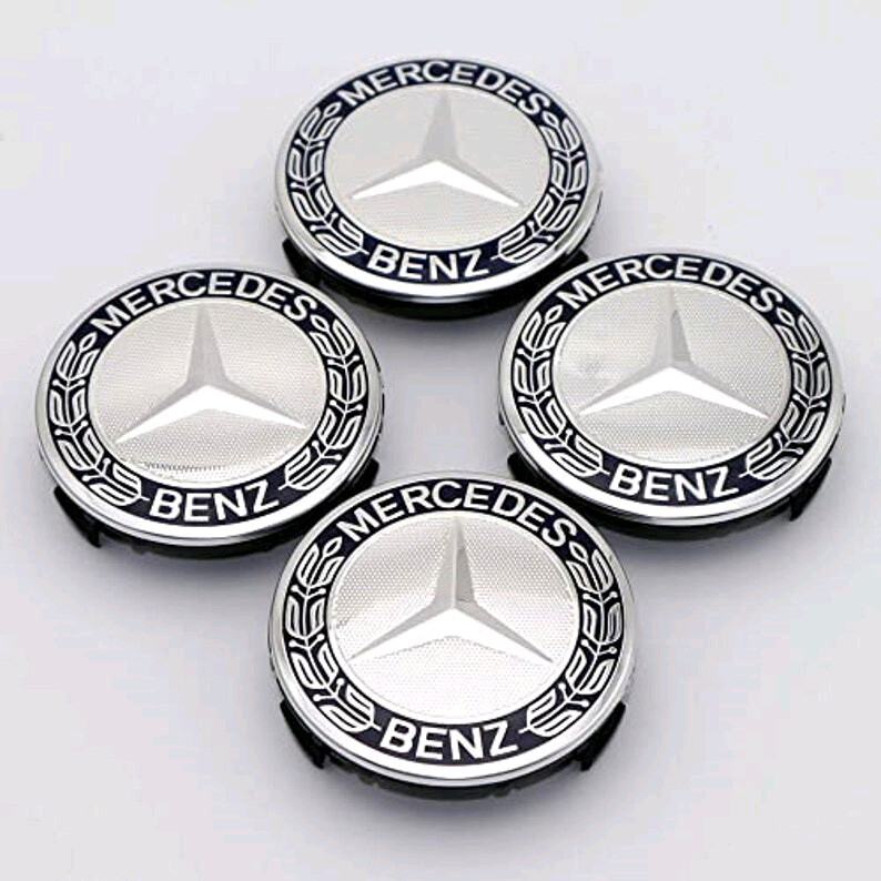 Mercedes Benz 75mm silver chrome black alloy wheel center hub caps