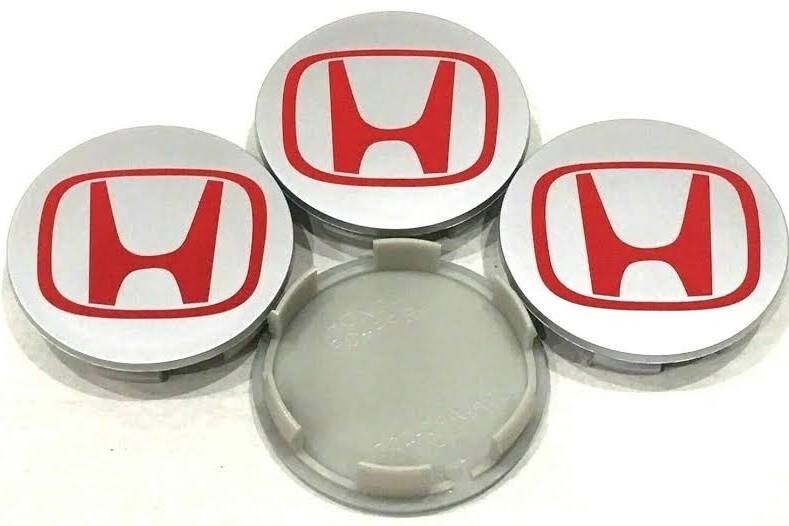 4 x Honda 69mm silver red alloy wheel hub caps