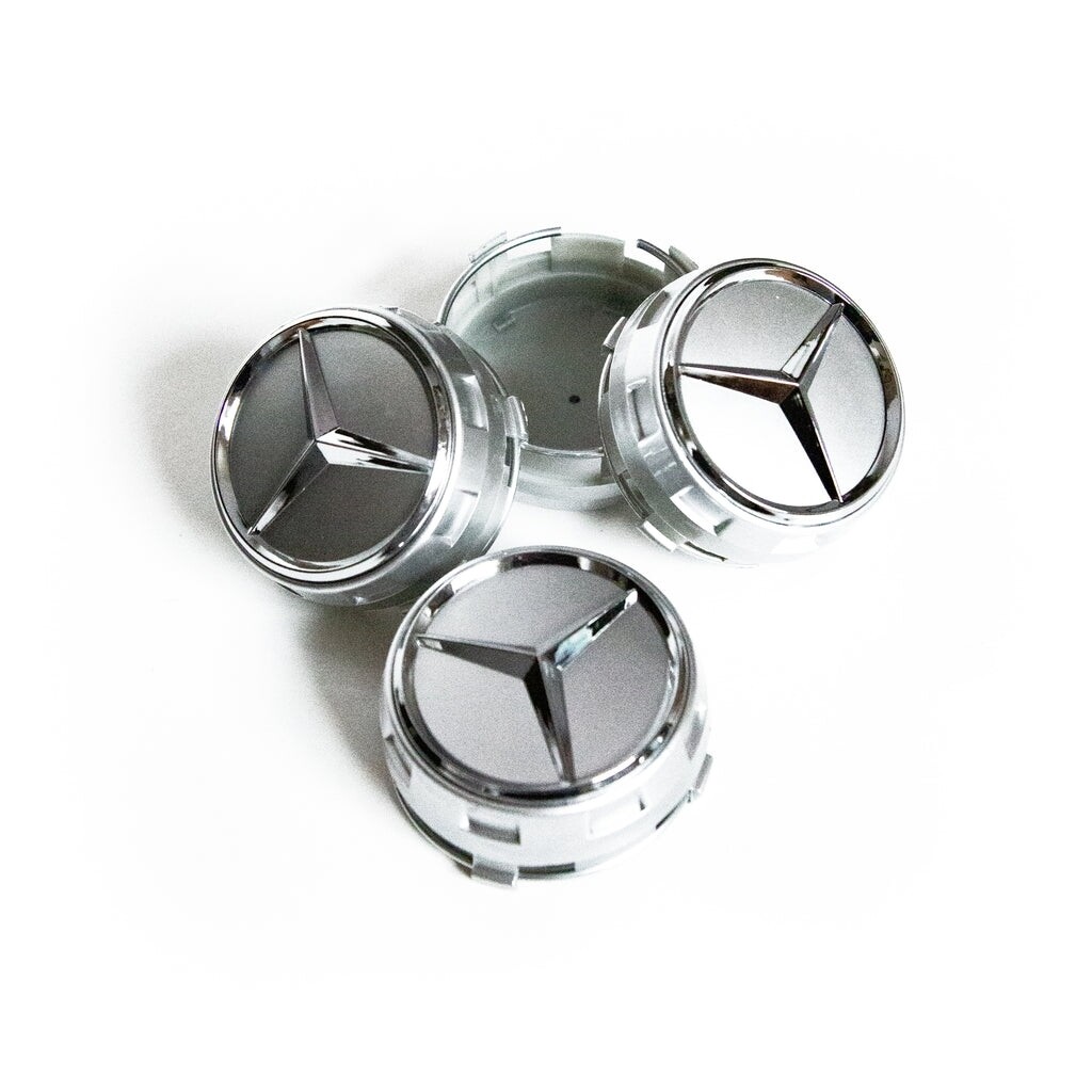 Mercedes Benz 75mm silver raised alloy wheel center hub caps