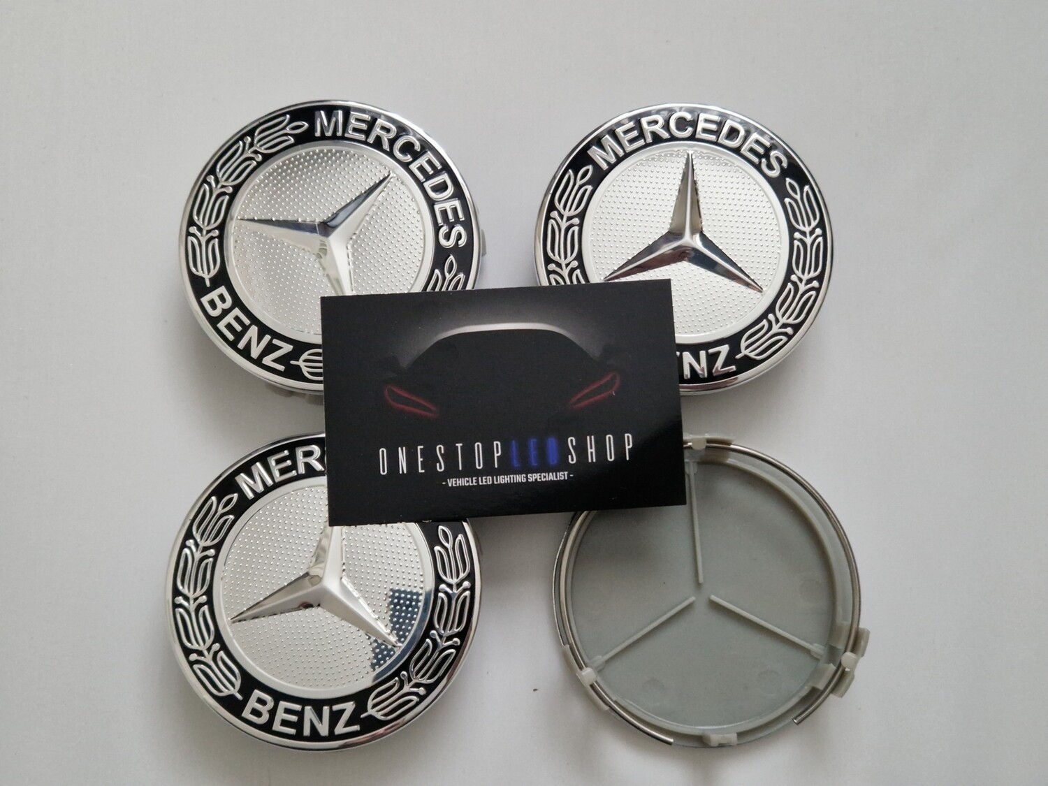 Mercedes Benz 75mm silver chrome black alloy wheel center hub caps