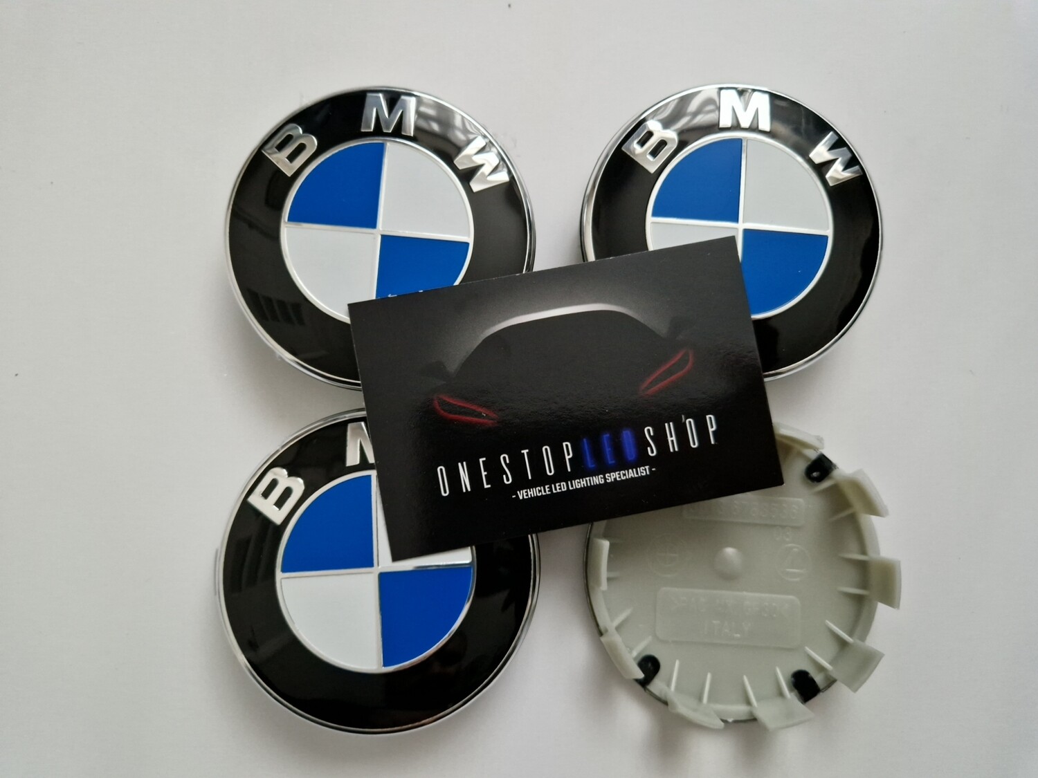 4 x BMW 56mm blue white alloy wheel hub caps