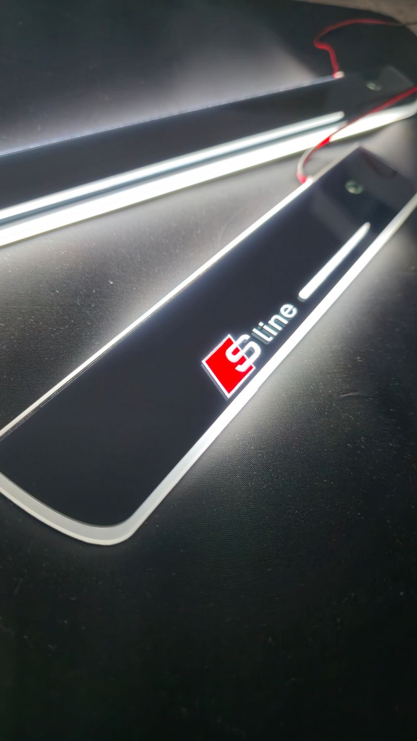 Audi SIine S-Line door welcome scuff plate sill LED kit 4pc 4 door all white metal mirror finish