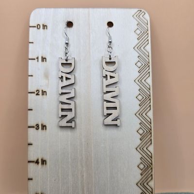 DAMN” Statement Earrings – Bold Cutout in Colored Wood