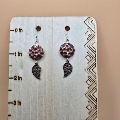 Copper Crescent” Artisan Earrings – Hammered Disc &amp; Patina Leaf