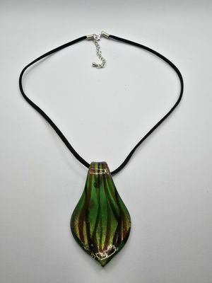 Verdant Ember Pendant – Glass Leaf on Black Cord