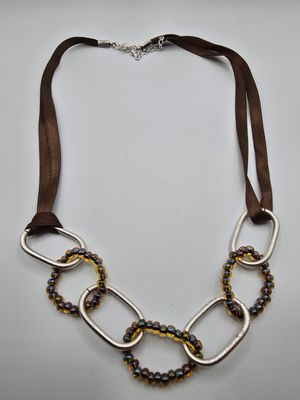 Cascade Links Necklace – Silver &amp; Beaded Chain with Brown Ribbon