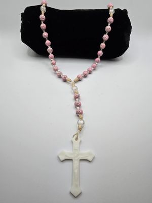Blush Bead Rosary – Lightweight Plastic Prayer Necklace with White Cross