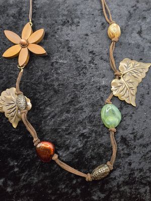 Woodland Amulet Necklace – Leaves, Flower &amp; Beads on Suede Cord