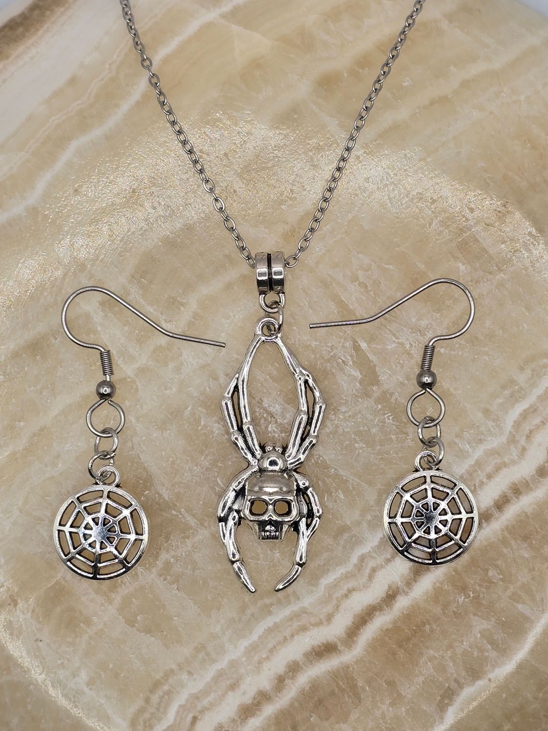 Web of the Damned: Skull Spider Necklace &amp; Web Earrings Set