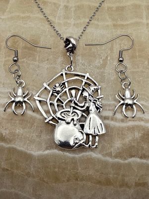 Witch’s Brew &amp; Web: Cauldron Pendant Necklace and Spider Earrings
