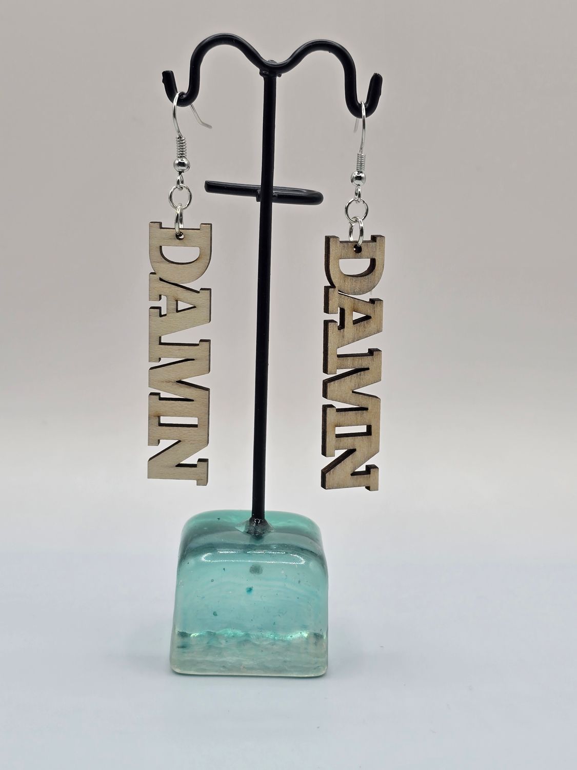DAMN” Statement Earrings – Bold Cutout in Colored Wood