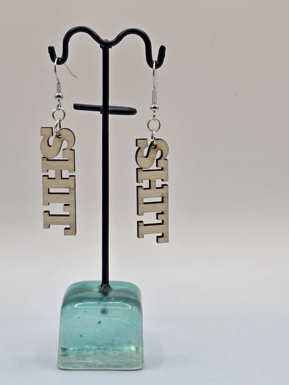 “That Moment” Wooden ‘SHT’ Earrings – Bold Cutout in Colored Wood