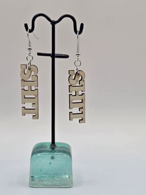 “That Moment” Wooden ‘SHT’ Earrings – Bold Cutout in Colored Wood