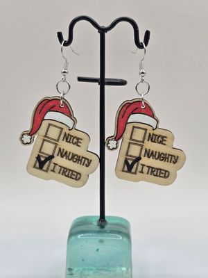 “I Tried” Holiday Checklist Earrings on Wood