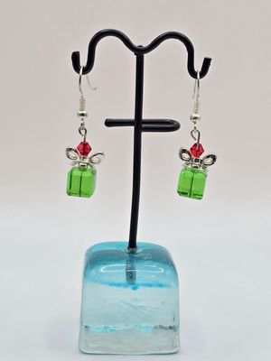 “Santa’s Helpers” Festive Earrings – Green Cube &amp; Red Accent