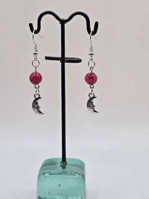“Moon Serenade” Earrings – Red Beads &amp; Crescent Charms
