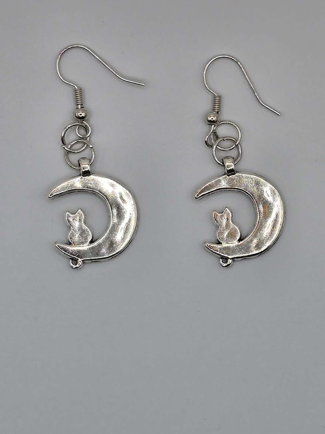 Moonlit Whiskers Crescent Moon &amp; Cat Earrings – Silver-Toned Dangle Pair