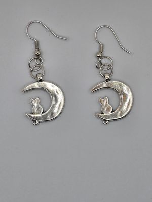 Moonlit Whiskers Crescent Moon &amp; Cat Earrings – Silver-Toned Dangle Pair
