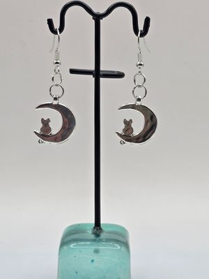 Moonlit Whiskers Crescent Moon &amp; Cat Earrings – Silver-Toned Dangle Pair