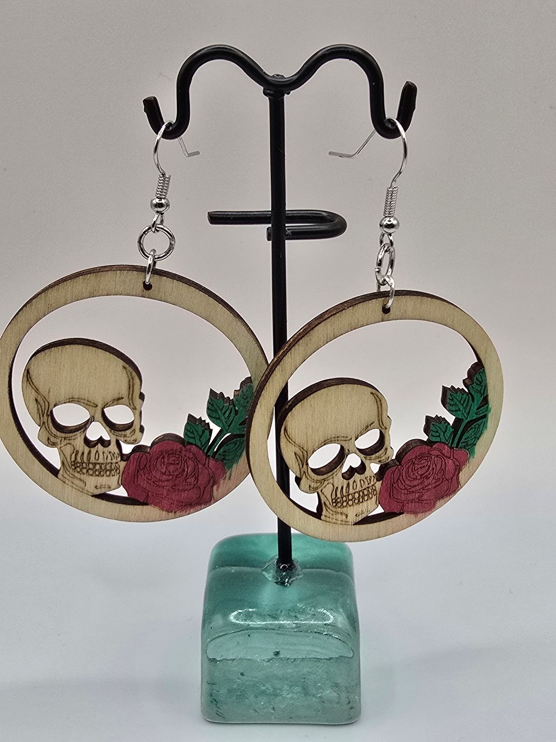 Skull &amp; Bloom: Wooden Rose Dangle Earrings