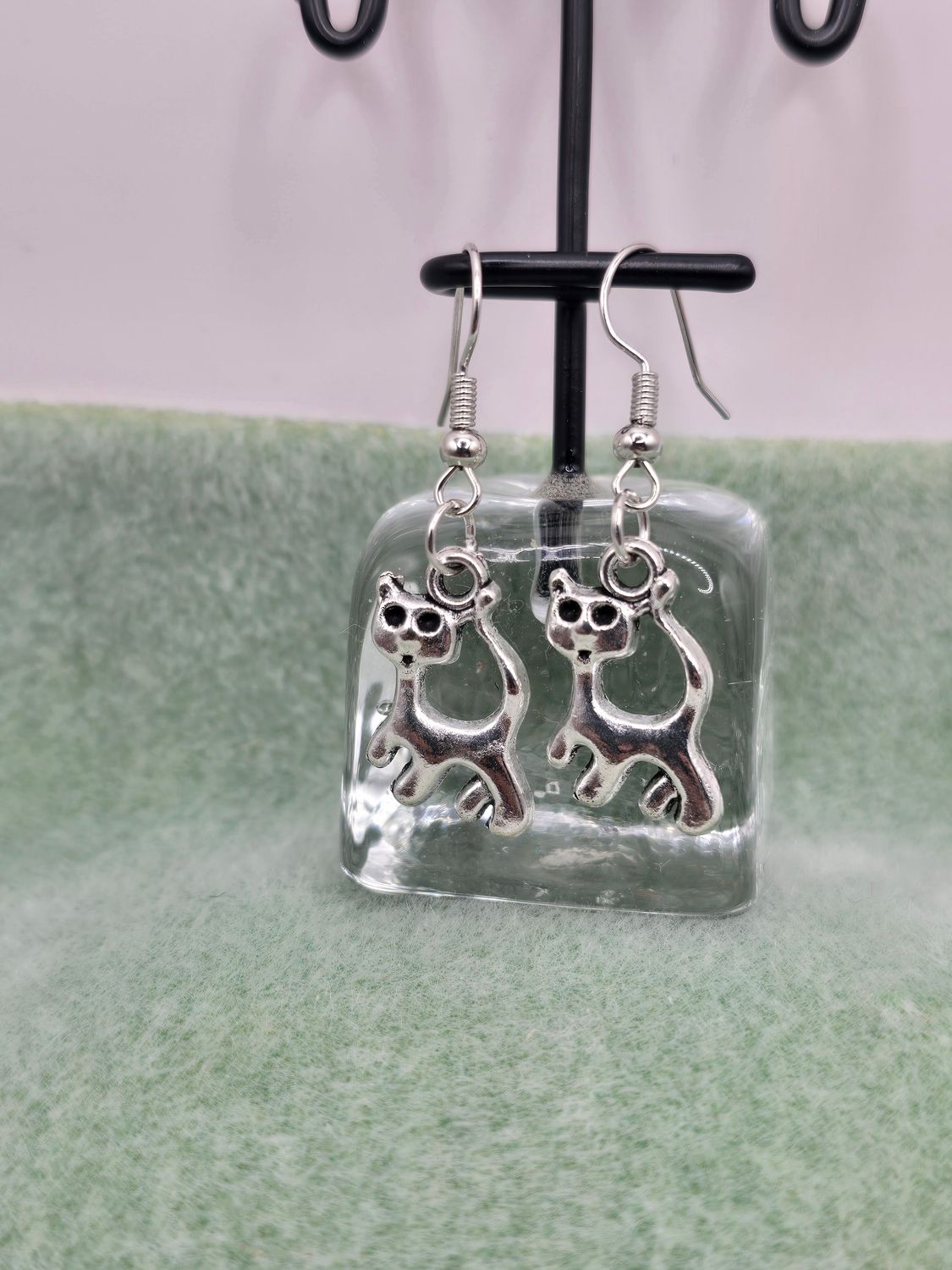 Curious Whiskers: Silver Cat Dangle Earrings