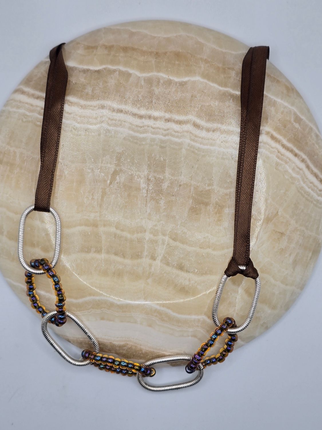 Cascade Links Necklace – Silver &amp; Beaded Chain with Brown Ribbon