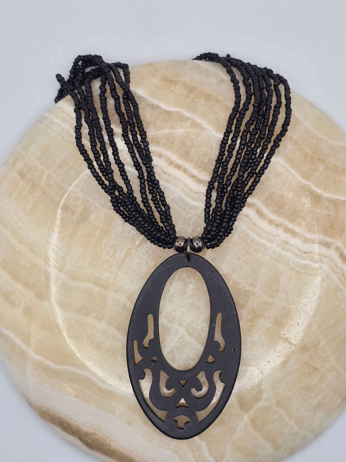 Noir Élan Necklace – Black Cutout Pendant on Beaded Chain