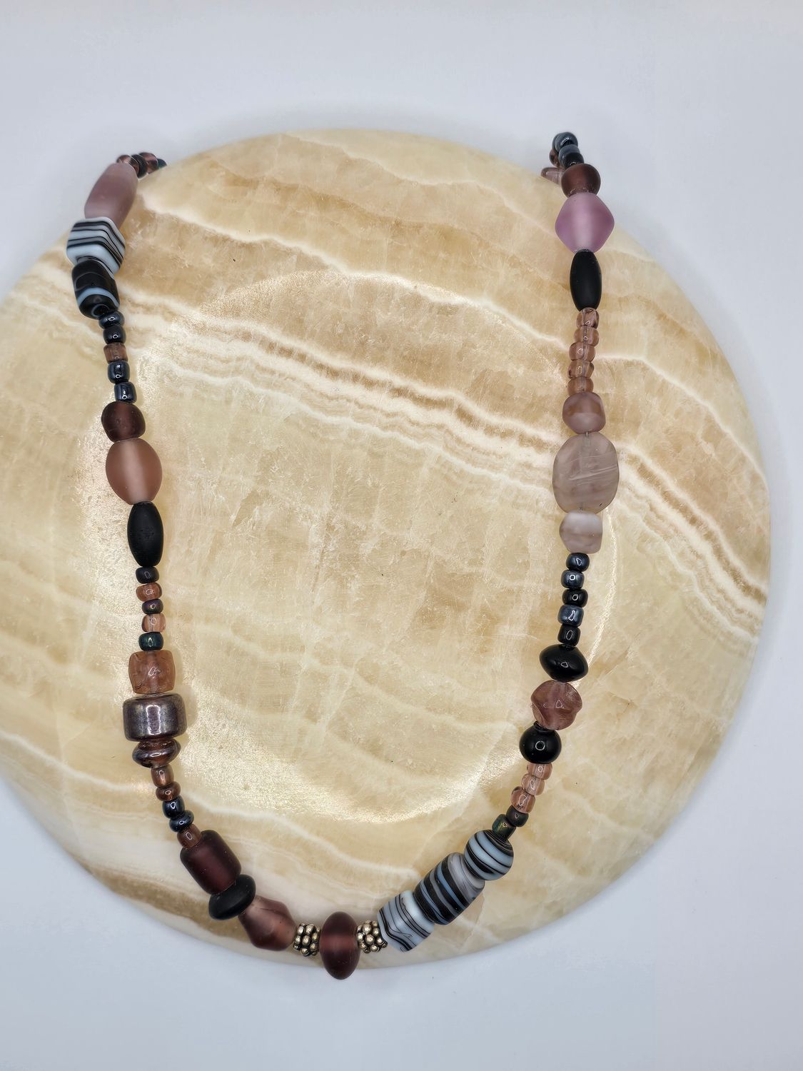 Painted Stones Necklace – Mix of Purple, Zebra, &amp; Earth Tone Beads
