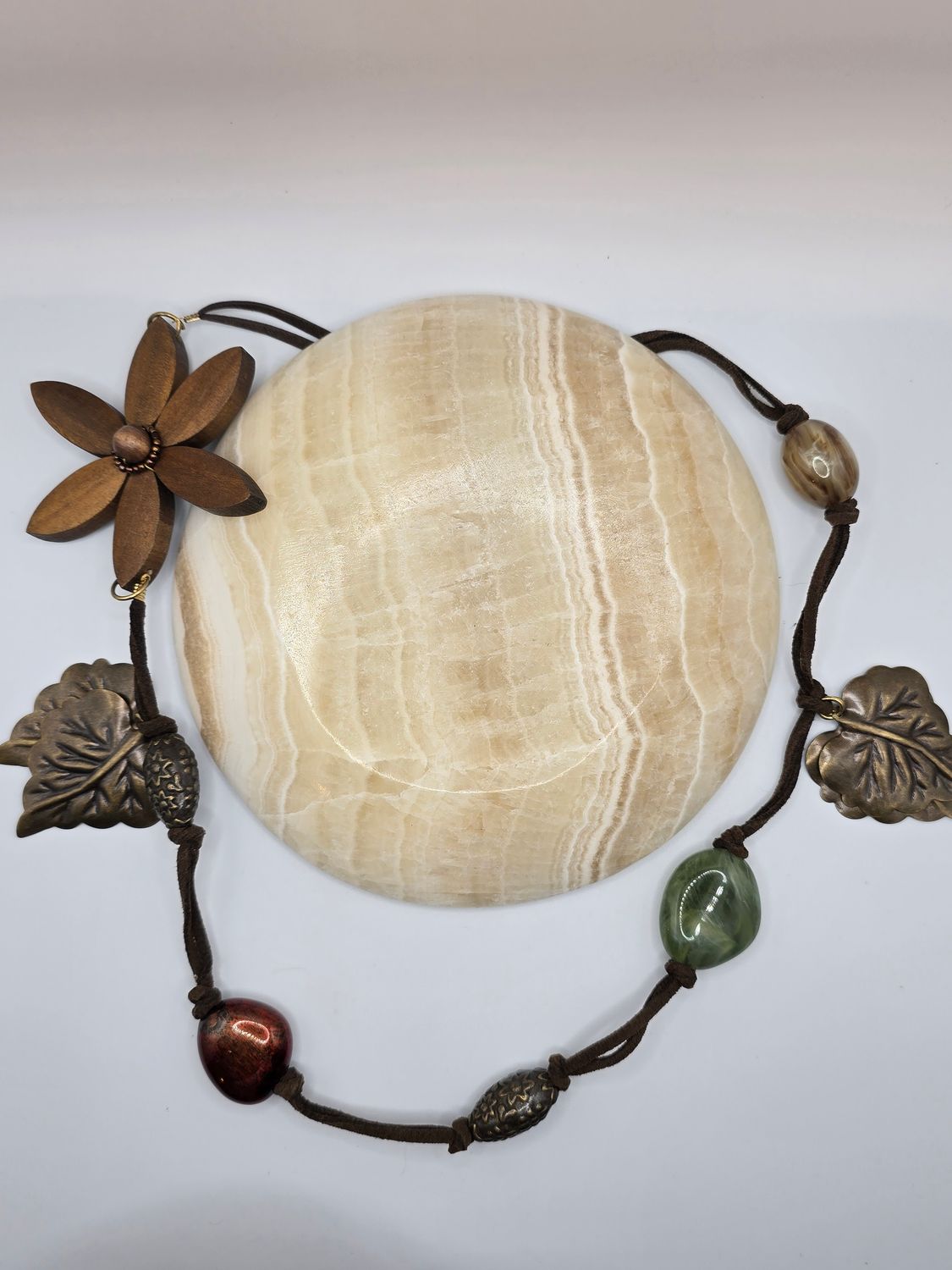 Woodland Amulet Necklace – Leaves, Flower &amp; Beads on Suede Cord