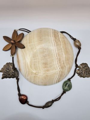 Woodland Amulet Necklace – Leaves, Flower &amp; Beads on Suede Cord