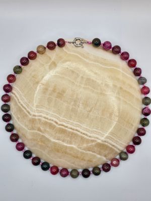 Orchard Necklace – Pink &amp; Olive Stones, Silver Clasp