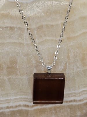 Smoky Square Necklace – Glass Pendant on Silver Chain