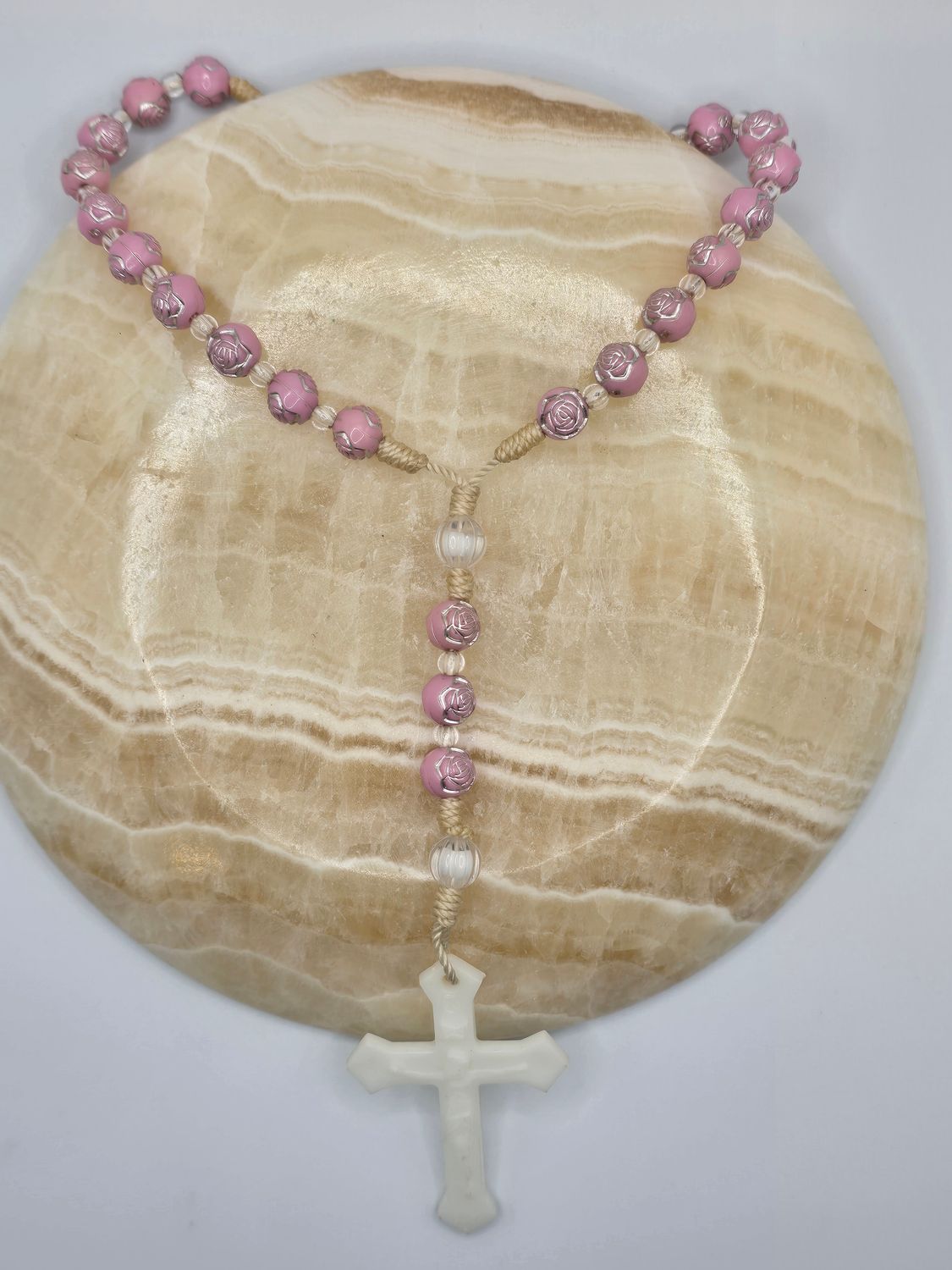 Blush Bead Rosary – Lightweight Plastic Prayer Necklace with White Cross