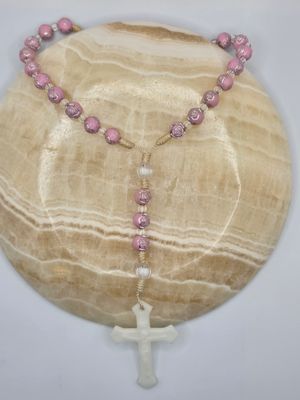 Blush Bead Rosary – Lightweight Plastic Prayer Necklace with White Cross