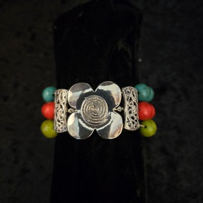 “Spiral Bloom” Bracelet – Colored Wood Beads &amp; Ornate Centerpiece
