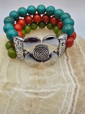 “Spiral Bloom” Bracelet – Colored Wood Beads &amp; Ornate Centerpiece