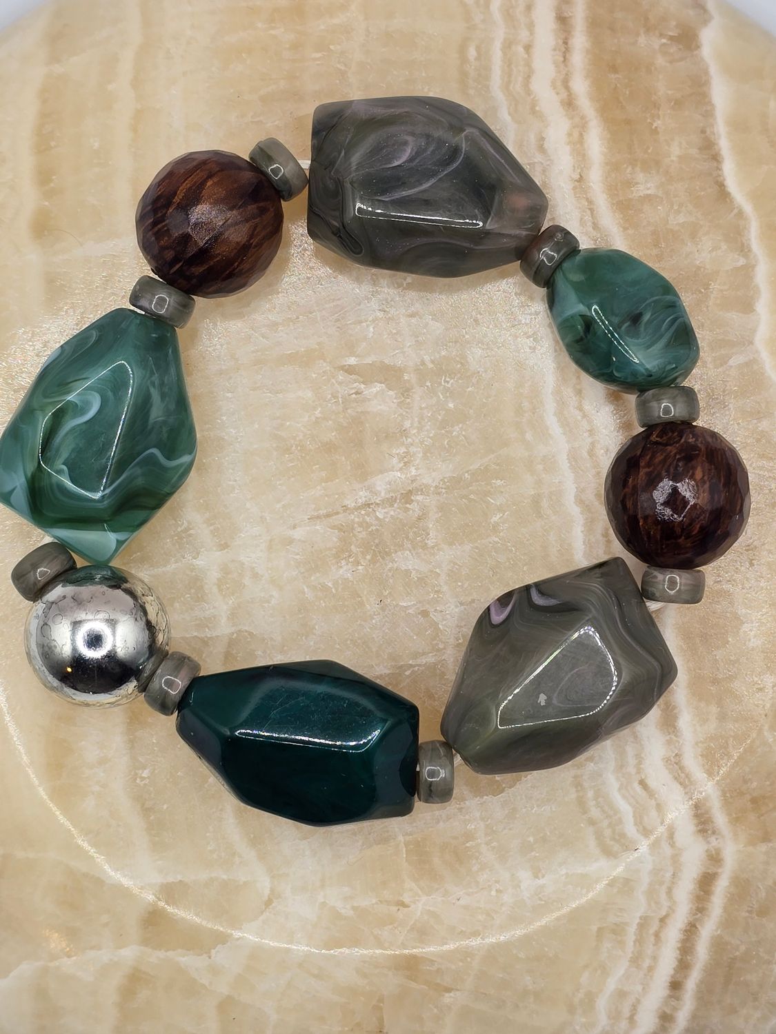 “Earthbound Harmony” Bracelet – Green Stone, Wood, &amp; Silver Accents