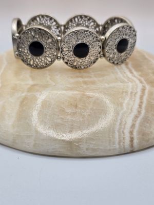 “Midnight Lace” Bracelet – Black Stone &amp; Filigree Metal on Stretch Cord