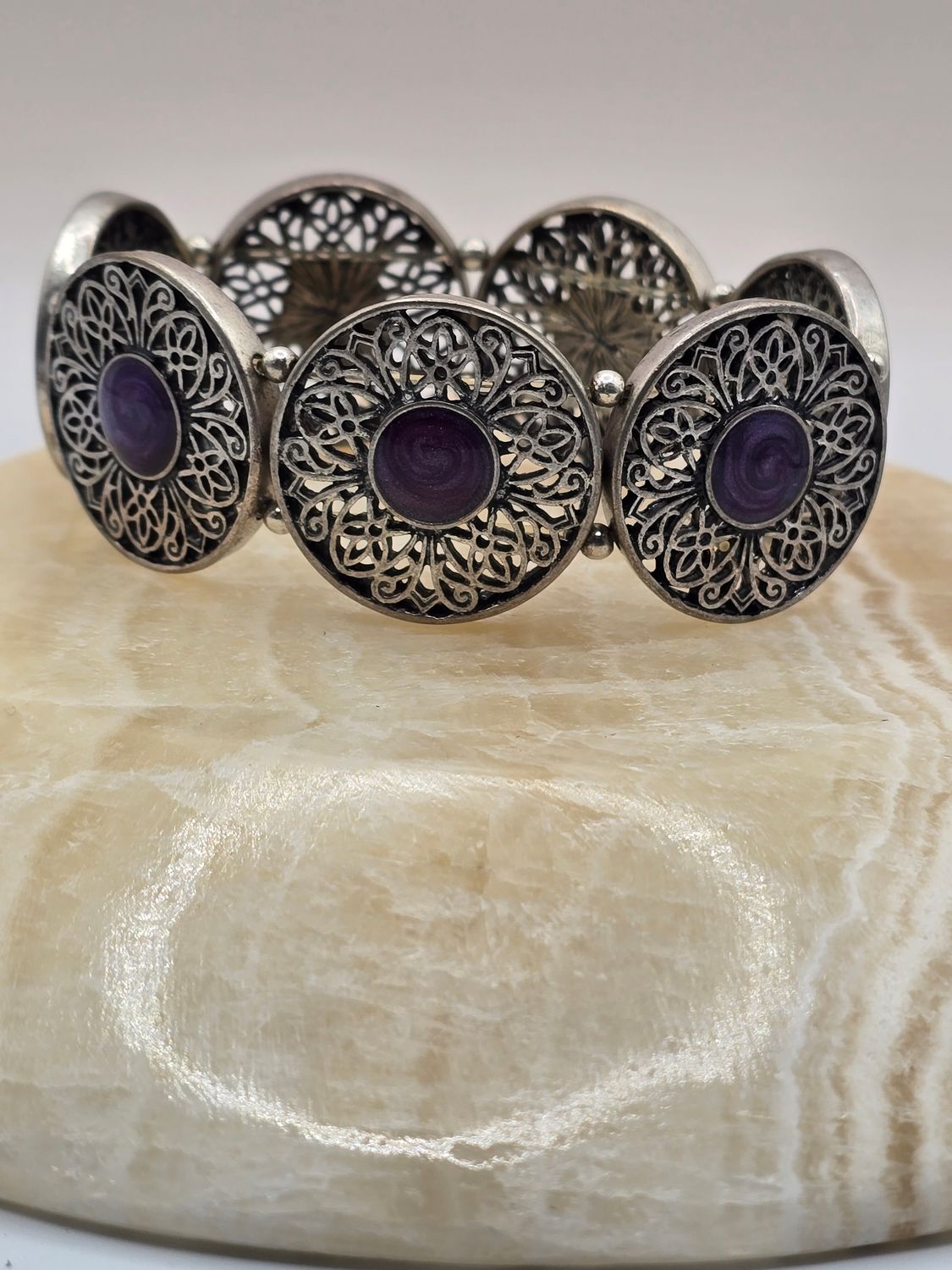 “Midnight Lace” Bracelet – Black Stone &amp; Filigree Metal on Stretch Cord