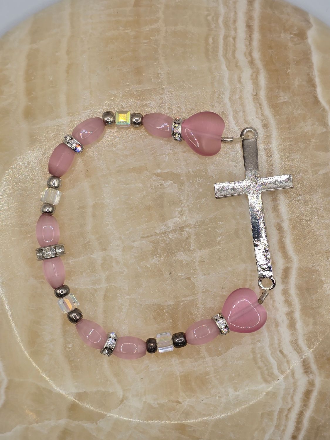 “Heart &amp; Grace” Bracelet – Pink Beads with Cross Charm
