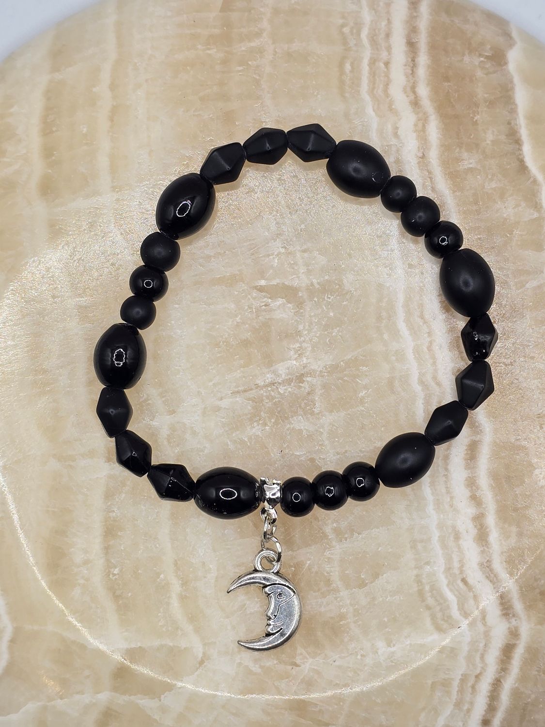 “Nocturne” Bracelet – Black Beads with Silver Moon Charm