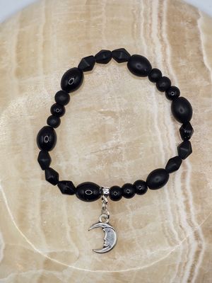 “Nocturne” Bracelet – Black Beads with Silver Moon Charm