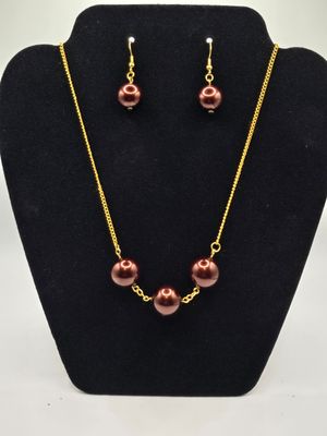 Garnet Mist Bead Jewelry Set –Earrings &amp; Gold Chain Necklace