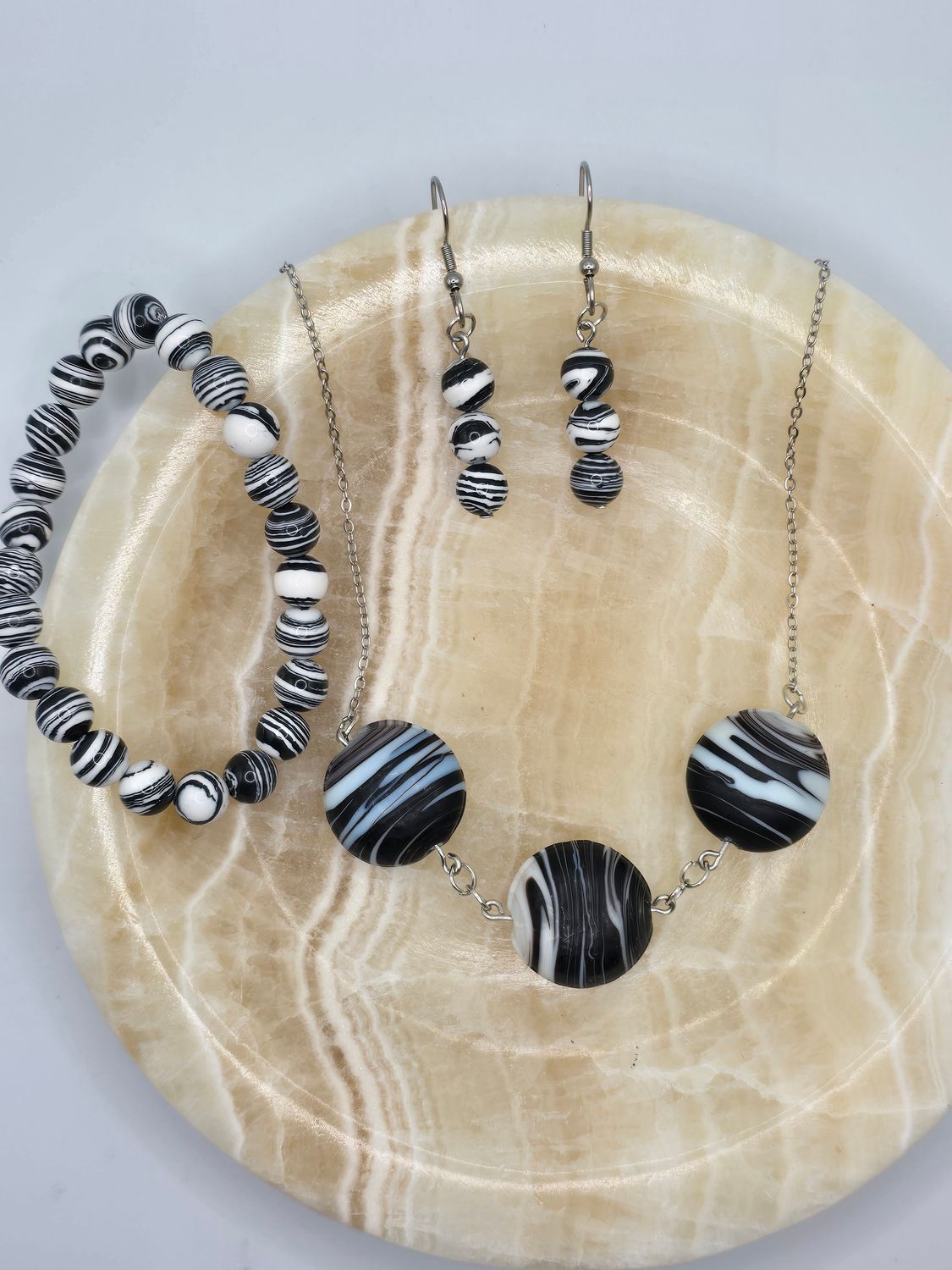 &quot;Monochrome Motion&quot; Jewelry Set of Earrings Necklace and Stretch Bracelet