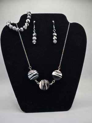 "Monochrome Motion" Jewelry Set of Earrings Necklace and Stretch Bracelet