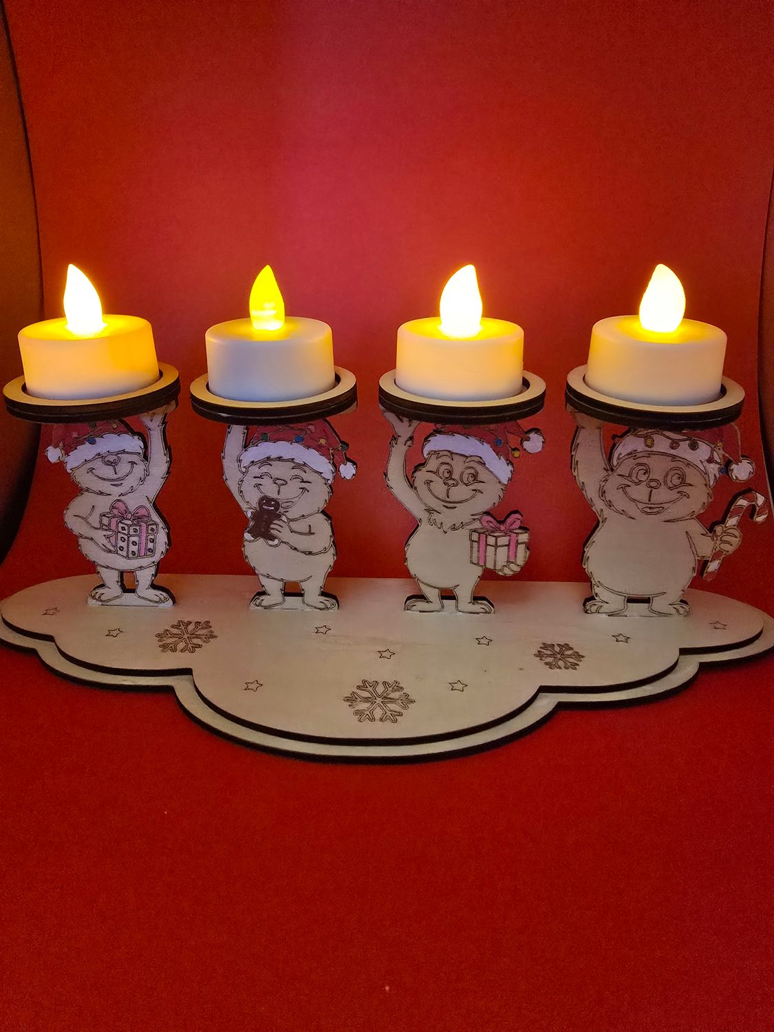 Whimsical Holiday Tealight Holder – Hand-Painted Wooden Christmas Characters