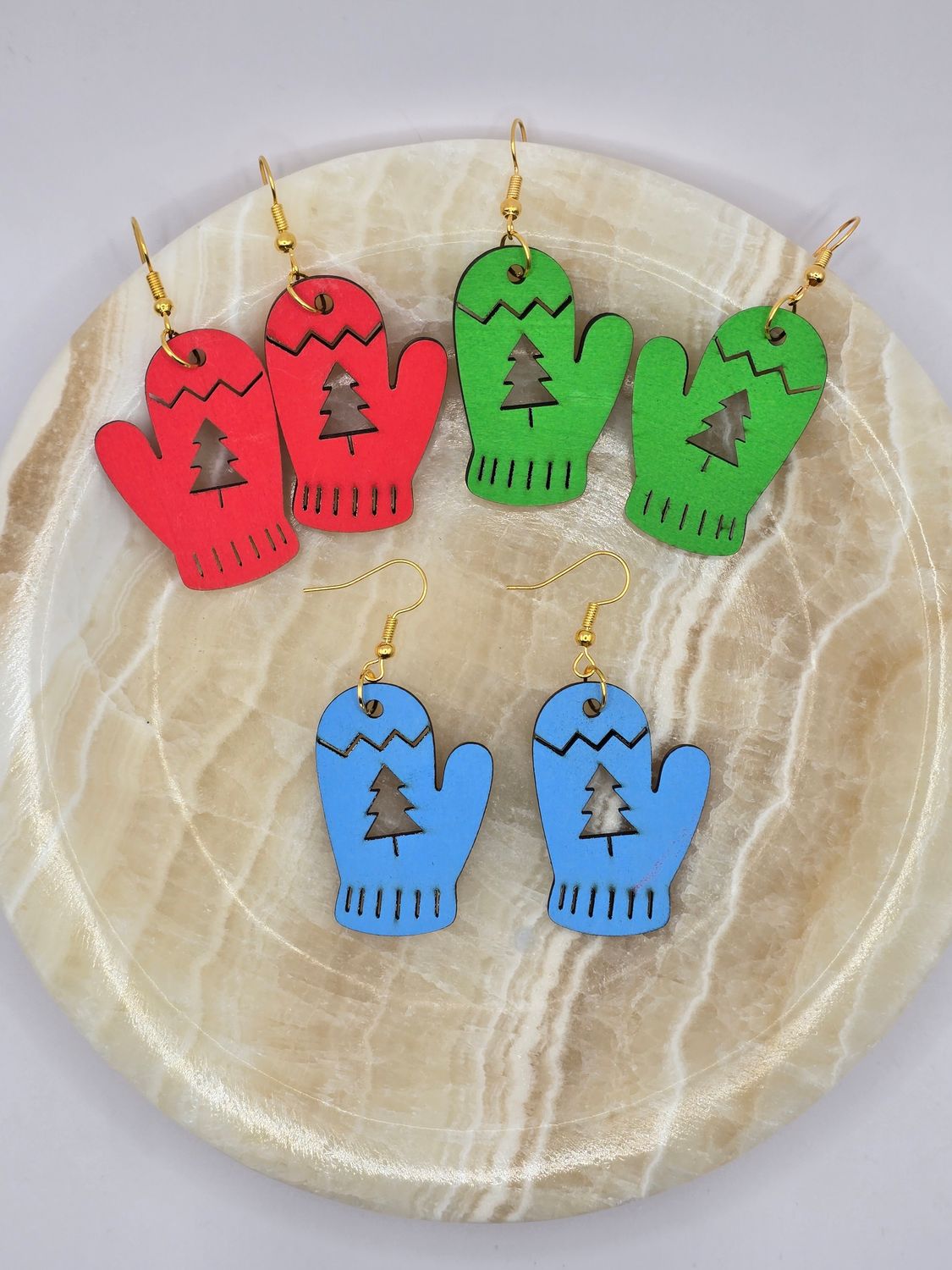 Holiday Mitten Earrings – Hand-Colored Wood with Custom Color &amp; Findings